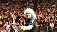 Brian May with his selfie stick onstage at Vector Arena, New Zealand 2014